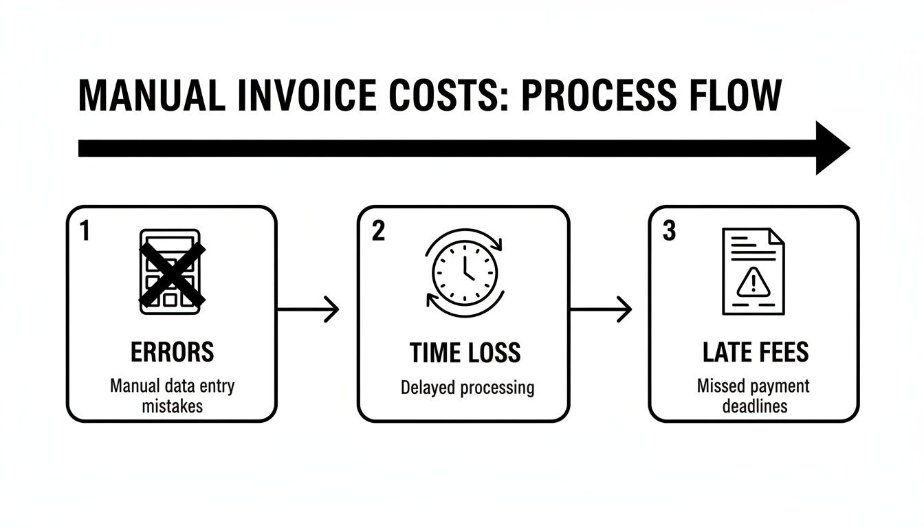 Process flow diagram illustrating manual invoice costs: errors, time loss, and late fees.