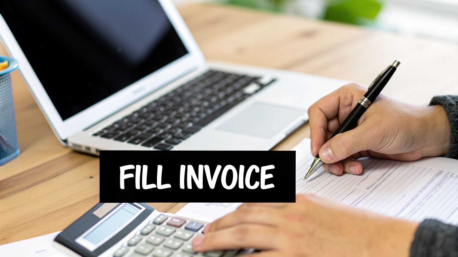 A person's hands filling out an invoice document with a pen, next to a laptop and calculator.